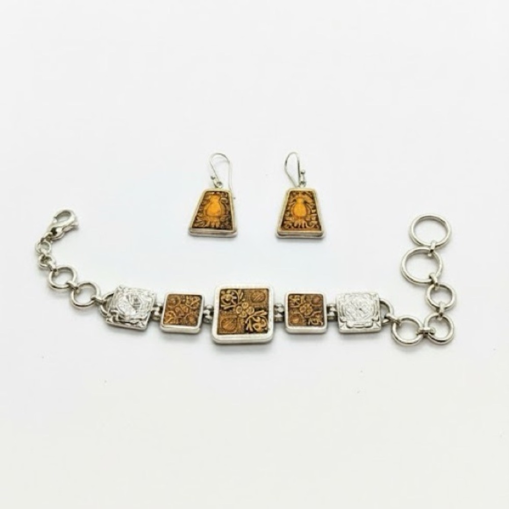 Vintage 950 Silver Bracelet 925 Earring Set Hand Carved Artisan Bird Floral Boho
